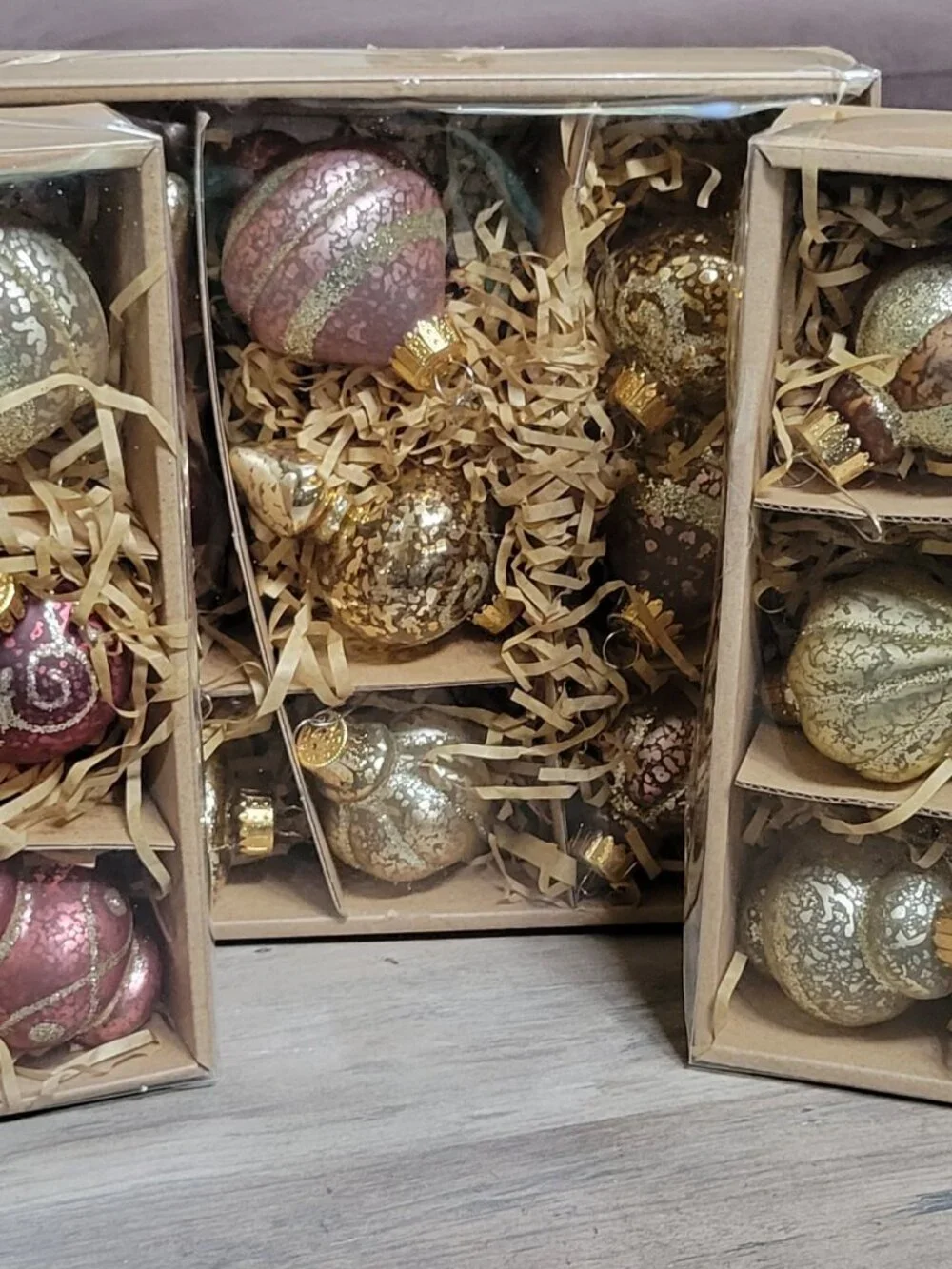 Glass Ornaments Burgundy & Gold w/glitter-Assorted, Sizes 2.5